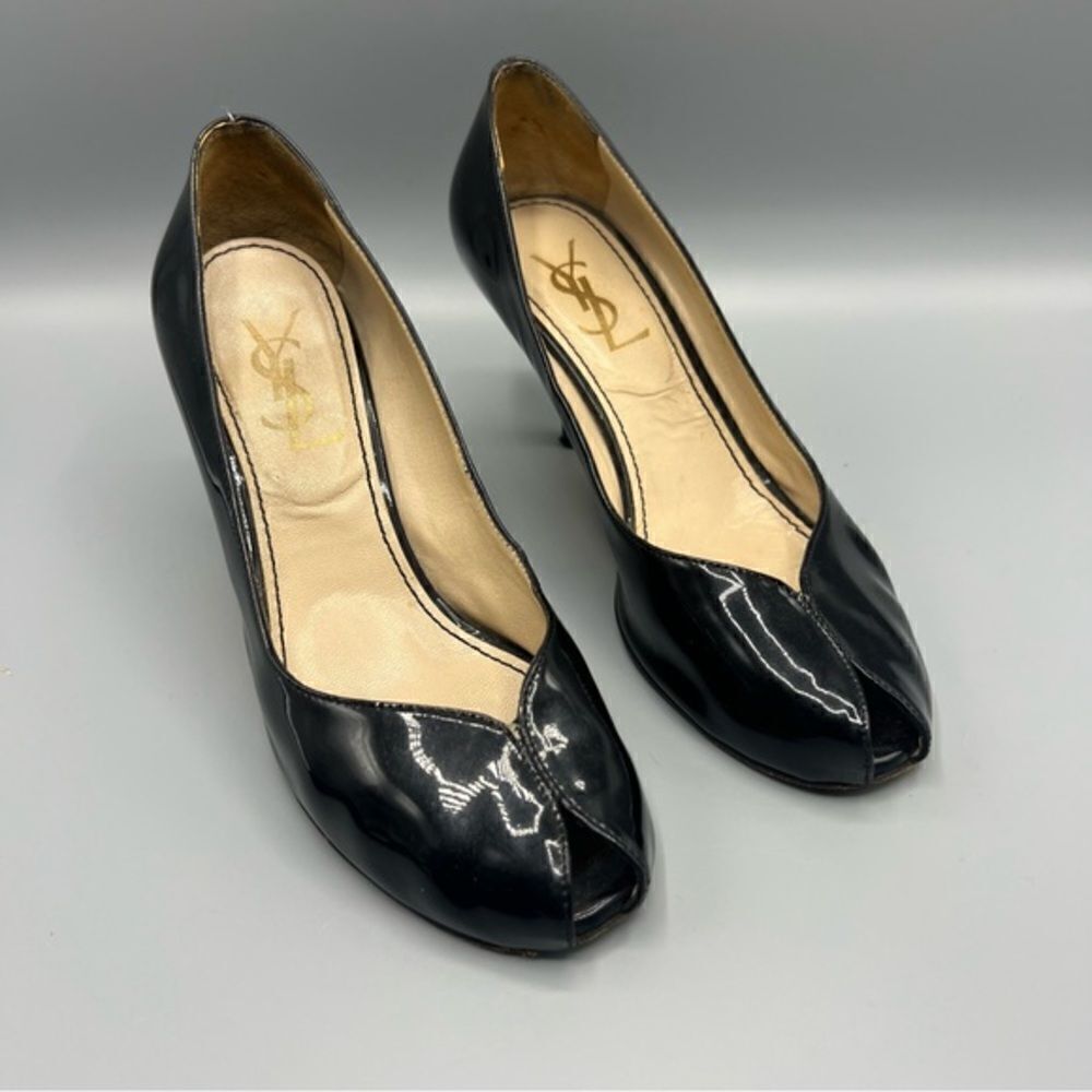YSL Yves Saint Laurent Black Patent Leather Open Toe Heels Pumps - Picture 1 of 9